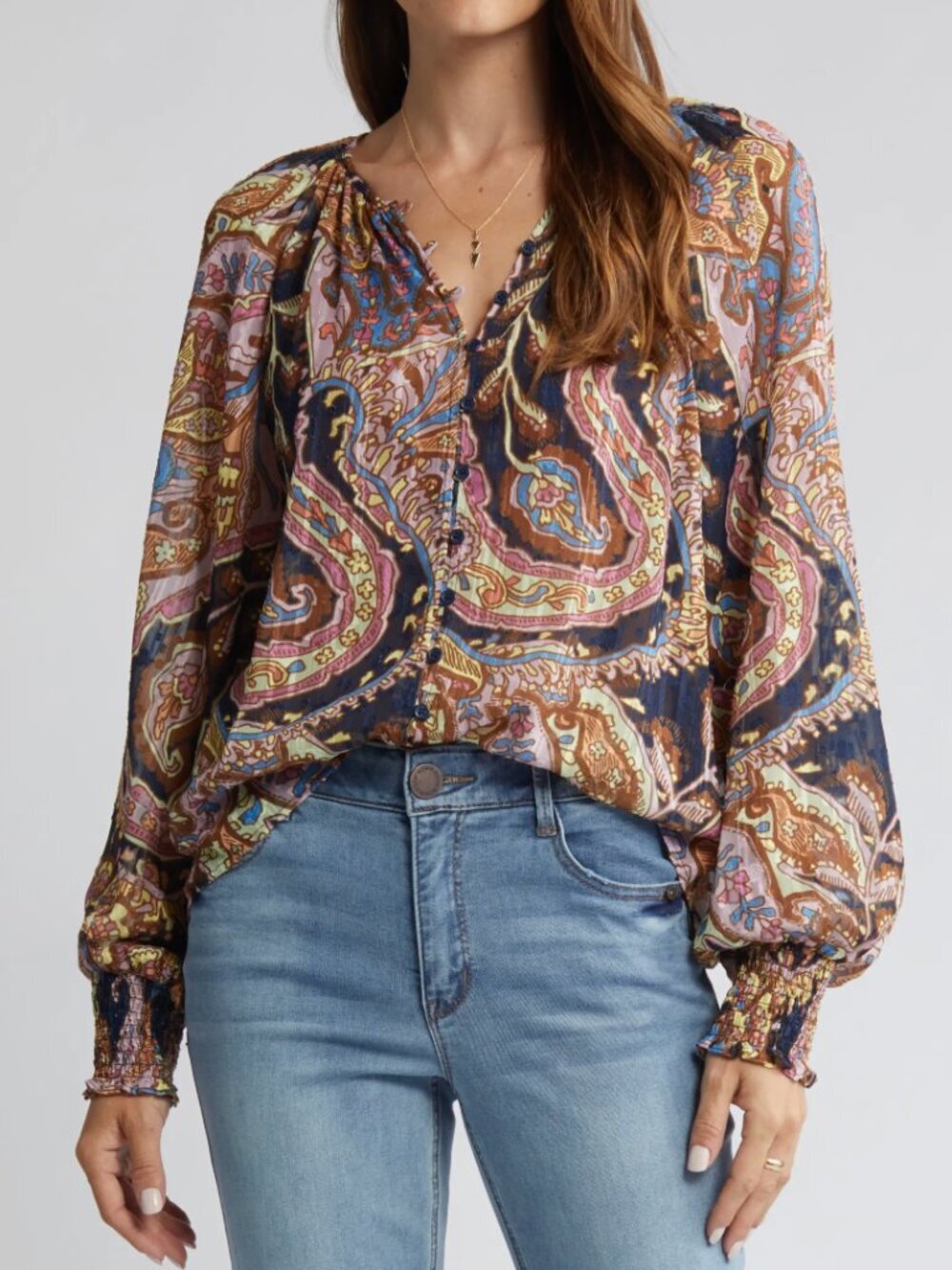 SANCTUARY Paisley Metallic Fil Coupé Button Front Balloon Sleeve Blouse, Size XL